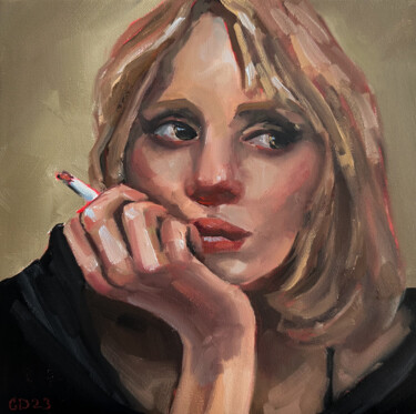 Painting titled "Girl with a Cigaret…" by Daria Gerasimova, Original Artwork, Oil Mounted on Wood Stretcher frame