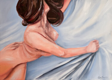 Painting titled "In White Bedsheet -…" by Daria Gerasimova, Original Artwork, Oil Mounted on Wood Stretcher frame