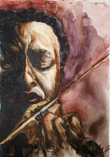 Ζωγραφική με τίτλο "2020-02-violinist" από Daria Kamishanova, Αυθεντικά έργα τέχνης, Ακουαρέλα