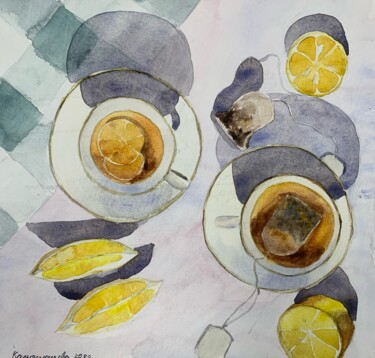 Painting titled "tea with lemon" by Daria Kamishanova, Original Artwork, Watercolor