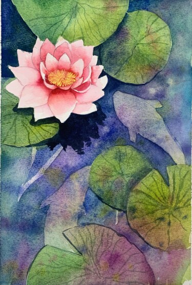 Pintura intitulada "Lotus in the pond" por Daria Kamishanova, Obras de arte originais, Aquarela