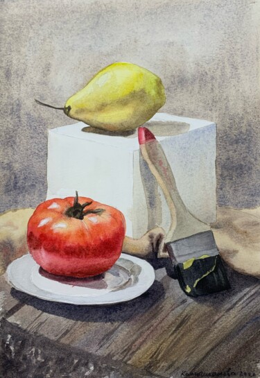 Malerei mit dem Titel "Still life with pea…" von Daria Kamishanova, Original-Kunstwerk, Aquarell