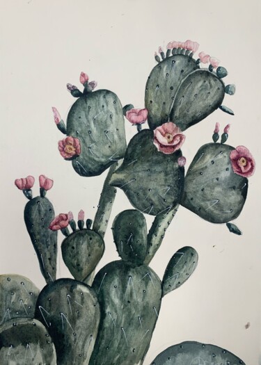 Painting titled "Blooming cactus" by Daria Kamishanova, Original Artwork, Watercolor