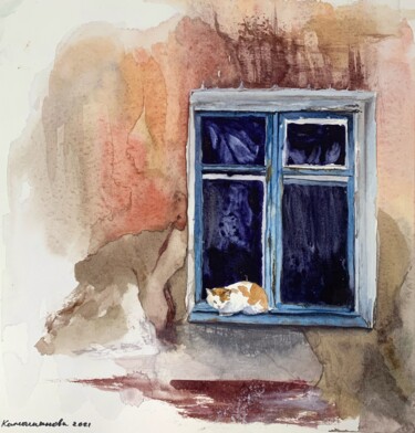 Painting titled "cat on the old wind…" by Daria Kamishanova, Original Artwork, Watercolor