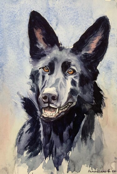 Peinture intitulée "Black dog" par Daria Kamishanova, Œuvre d'art originale, Aquarelle