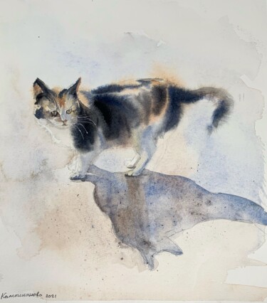 Painting titled "March cat" by Daria Kamishanova, Original Artwork, Watercolor