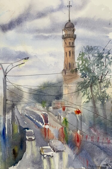 Картина под названием "Fire tower in Sokol…" - Daria Kamishanova, Подлинное произведение искусства, Акварель