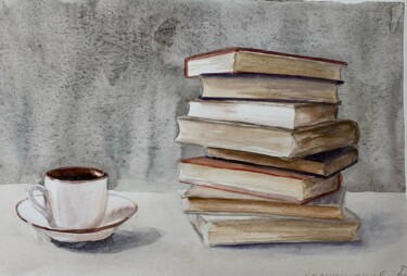 Painting titled "Books with cup" by Daria Kamishanova, Original Artwork, Watercolor