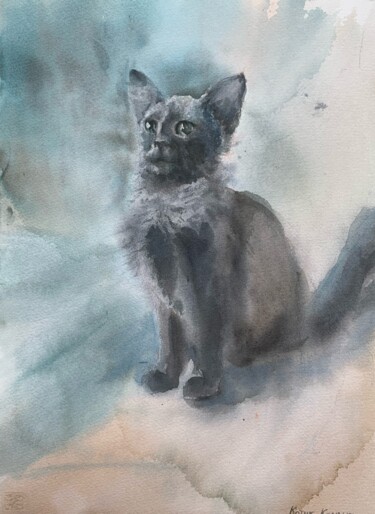 Schilderij getiteld "Black kitten" door Daria Kamishanova, Origineel Kunstwerk, Aquarel