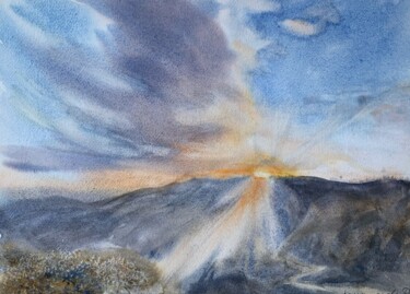 Painting titled "Sunset in mountain" by Daria Kamishanova, Original Artwork, Watercolor