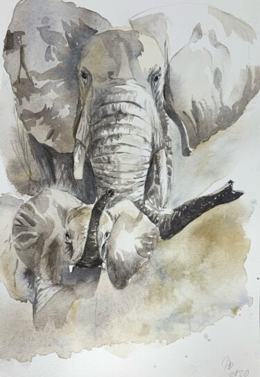 Painting titled "Elephants (2)" by Daria Kamishanova, Original Artwork, Watercolor