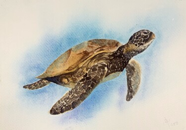 Painting titled "Sea turtle (2)" by Daria Kamishanova, Original Artwork, Watercolor