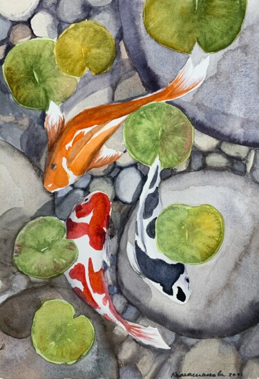 Malerei mit dem Titel "Carps (2)" von Daria Kamishanova, Original-Kunstwerk, Aquarell