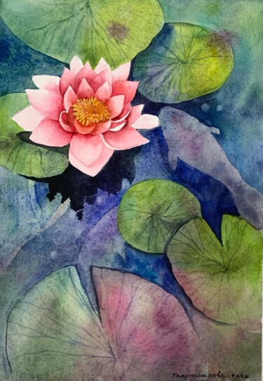 Painting titled "Lotus in the pond (…" by Daria Kamishanova, Original Artwork, Watercolor