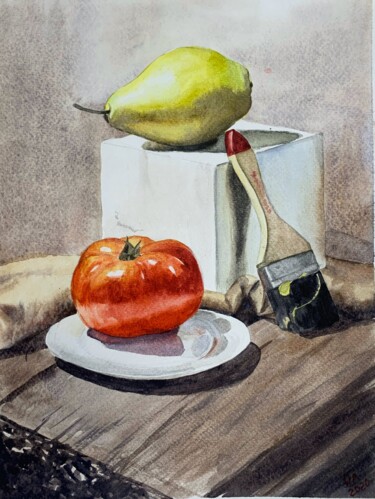 Pintura intitulada "still life with pea…" por Daria Kamishanova, Obras de arte originais, Aquarela