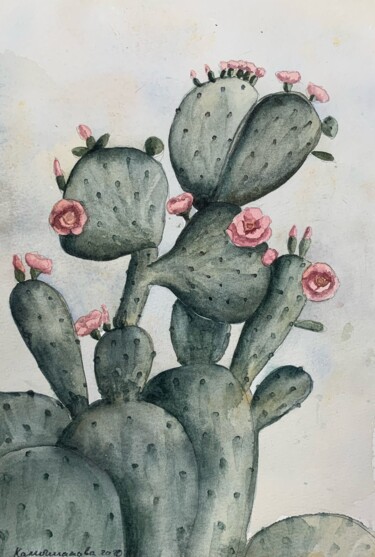 Pintura intitulada "Blooming cactus (2)" por Daria Kamishanova, Obras de arte originais, Aquarela