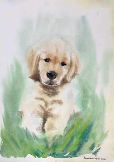 Painting titled "Labrodoro puppy" by Daria Kamishanova, Original Artwork, Watercolor
