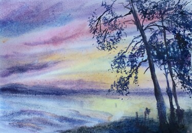 Pittura intitolato "Sunset in Sevan (et…" da Daria Kamishanova, Opera d'arte originale, Acquarello