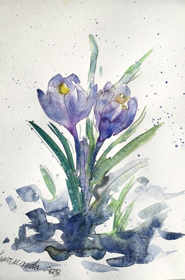 Painting titled "Crocuses (2)" by Daria Kamishanova, Original Artwork, Watercolor