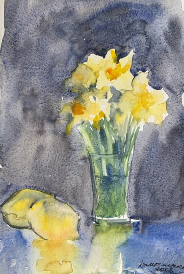 Malerei mit dem Titel "Narcissus and lemon" von Daria Kamishanova, Original-Kunstwerk, Aquarell