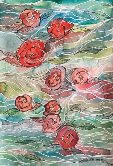 Картина под названием "Rose garden" - Daria Kamishanova, Подлинное произведение искусства, Акварель
