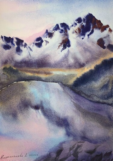 Schilderij getiteld "Mountains reflectio…" door Daria Kamishanova, Origineel Kunstwerk, Aquarel
