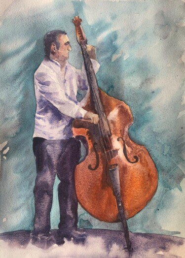 Painting titled "Сontrabass player" by Daria Kamishanova, Original Artwork, Watercolor