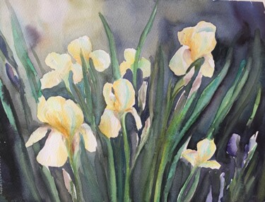 Painting titled "Yellow irises" by Daria Kamishanova, Original Artwork, Watercolor