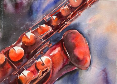 Malarstwo zatytułowany „Saxophone in red li…” autorstwa Daria Kamishanova, Oryginalna praca, Akwarela