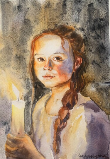Painting titled "Girl with a candle" by Daria Kamishanova, Original Artwork, Watercolor