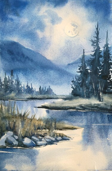 Pintura intitulada "Full moon" por Daria Kamishanova, Obras de arte originais, Aquarela