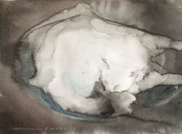 Schilderij getiteld "White cat" door Daria Kamishanova, Origineel Kunstwerk, Aquarel