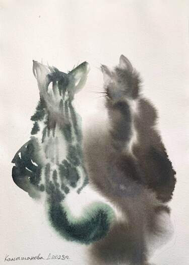 Pittura intitolato "Two cat" da Daria Kamishanova, Opera d'arte originale, Acquarello