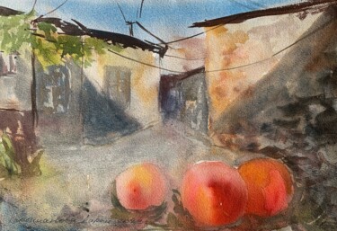 Pittura intitolato "Kond and peaches" da Daria Kamishanova, Opera d'arte originale, Acquarello