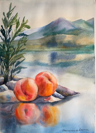 Malerei mit dem Titel "peaches by the moun…" von Daria Kamishanova, Original-Kunstwerk, Aquarell