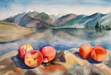 Malerei mit dem Titel "peaches by the moun…" von Daria Kamishanova, Original-Kunstwerk, Aquarell