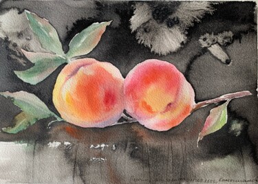 Peinture intitulée "peaches on black" par Daria Kamishanova, Œuvre d'art originale, Aquarelle