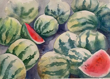 Painting titled "Watermelon market" by Daria Kamishanova, Original Artwork, Watercolor