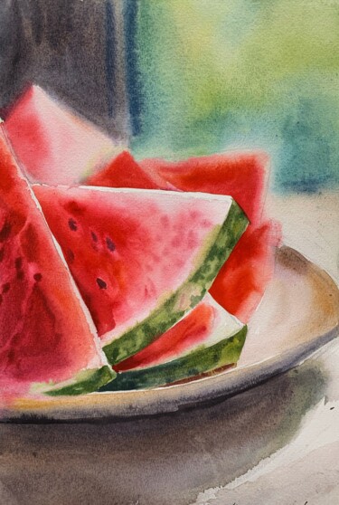 Pittura intitolato "Watermelon on a pla…" da Daria Kamishanova, Opera d'arte originale, Acquarello