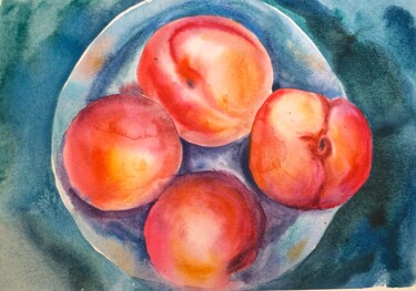 Painting titled "Peaches on turquoise" by Daria Kamishanova, Original Artwork, Watercolor
