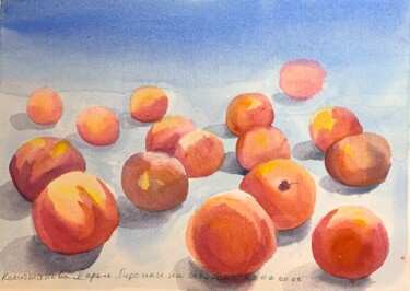 Pintura titulada "Peaches on blue and…" por Daria Kamishanova, Obra de arte original, Acuarela