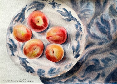 Pintura titulada "Peaches on blue pla…" por Daria Kamishanova, Obra de arte original, Acuarela