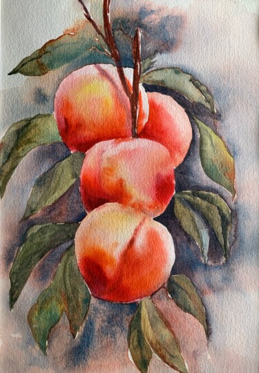 Malerei mit dem Titel "4 peaches" von Daria Kamishanova, Original-Kunstwerk, Aquarell