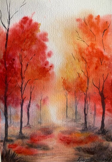 Картина под названием "Autumn alley" - Daria Kamishanova, Подлинное произведение искусства, Акварель