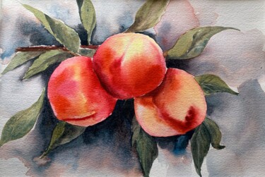 Pintura intitulada "3 peaches" por Daria Kamishanova, Obras de arte originais, Aquarela
