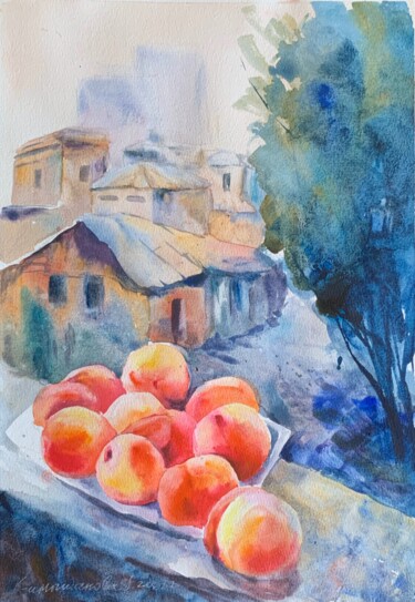 Painting titled "Old town. Peaches" by Daria Kamishanova, Original Artwork, Watercolor