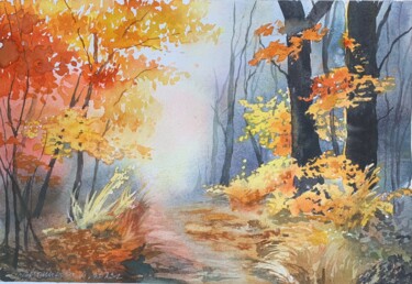 Malarstwo zatytułowany „Golden Autumn” autorstwa Daria Kamishanova, Oryginalna praca, Akwarela
