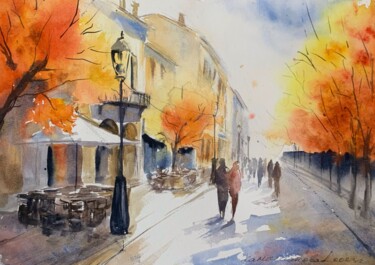 Malerei mit dem Titel "Autumn in the city" von Daria Kamishanova, Original-Kunstwerk, Aquarell