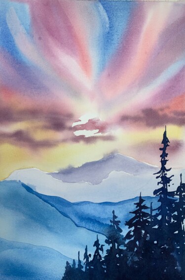 Картина под названием "Sunset in the mount…" - Daria Kamishanova, Подлинное произведение искусства, Акварель