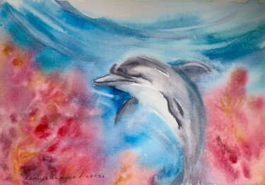 Malerei mit dem Titel "Careful dolphin" von Daria Kamishanova, Original-Kunstwerk, Aquarell
